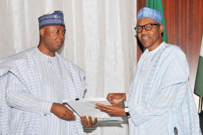 Senate President Bukola Saraki with President Muhammadu Buhari [Presidency]