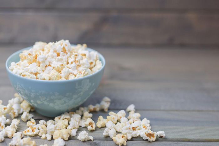Popcorn in a pastel blue bowl