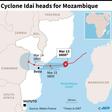 Map showing the forecast path of cyclone Idai which is heading for Mozambique.