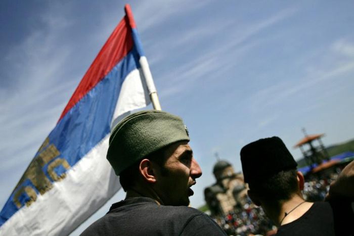 Some 200 members of the ultranationalist Serb Chetnik Movement (supporter pictured 2006) gathered in Visegrad, on the Drina river, which marks the border between Serbia and Bosnia