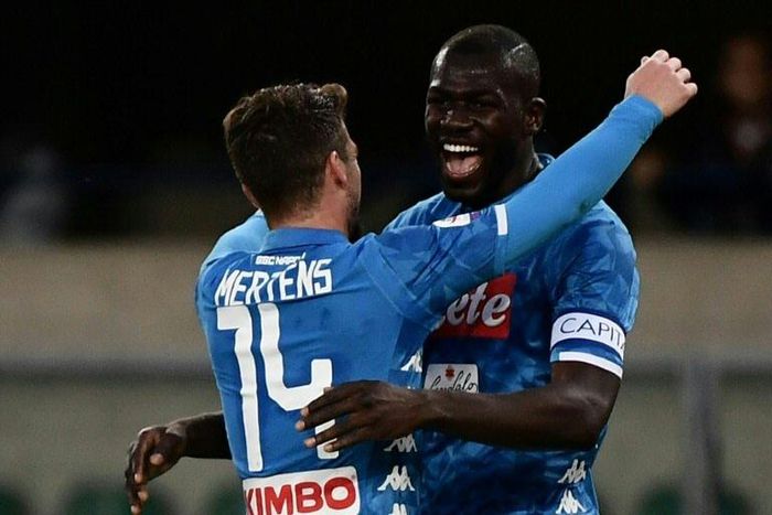 Napoli's Senegalese defender Kalidou Koulibaly (R) scored his first league goals this season