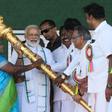 Prime Minister Narendra Modi (C) is seeking a second term but opinion polls have suggested ebbing support for his right-wing BJP