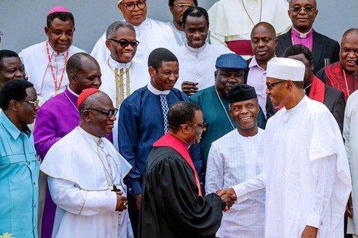 President Muhammadu Buhari and Vice-President Yemi Osinbajo after meeting with the leaders of the Christian Association of Nigeria (CAN) in Abuja [Twitter/ @RipplesNG]