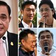 This photo shows (clockwise from L) Prayut, Thanathorn, Sudarat, Abhisit, and Anutin -- analysts believe these figures have the best chance of winning