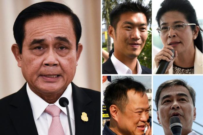 This photo shows (clockwise from L) Prayut, Thanathorn, Sudarat, Abhisit, and Anutin -- analysts believe these figures have the best chance of winning