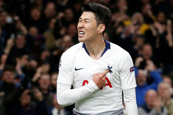 Tottenham forward Son Heung-min celebrates his goal against Manchester City in the first leg of their Champions League quarter-final