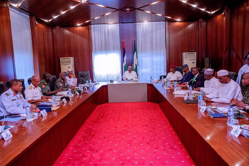 Security Chiefs keep mum after meeting Buhari [Twitter/@BashirAhmaad]