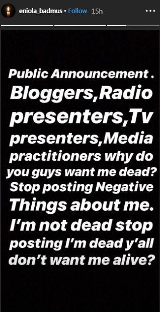 She went on to appeal to bloggers and media personalities to stop writing negative things about her [Instagram/EniolaBadmus]