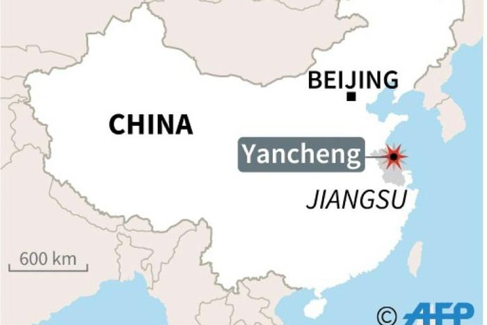 Map of China locating Yancheng, where a blast rocked a chemical plant Thursday.
