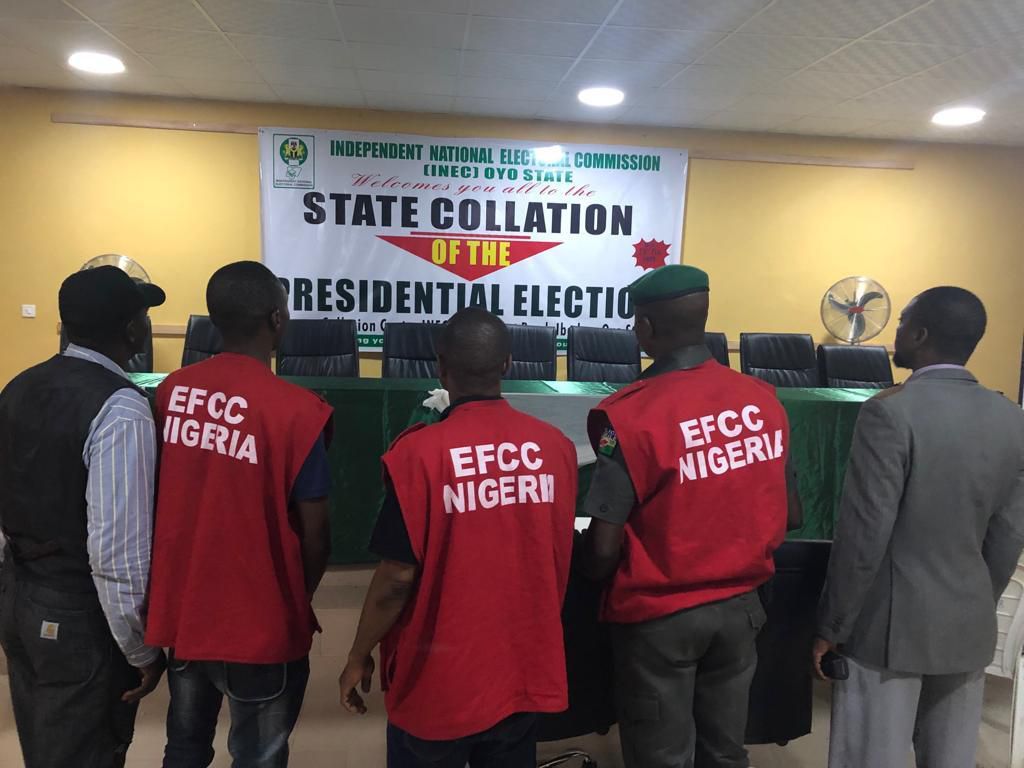 Operatives of the EFCC at the Oyo State Collation Centre, in Ibadan