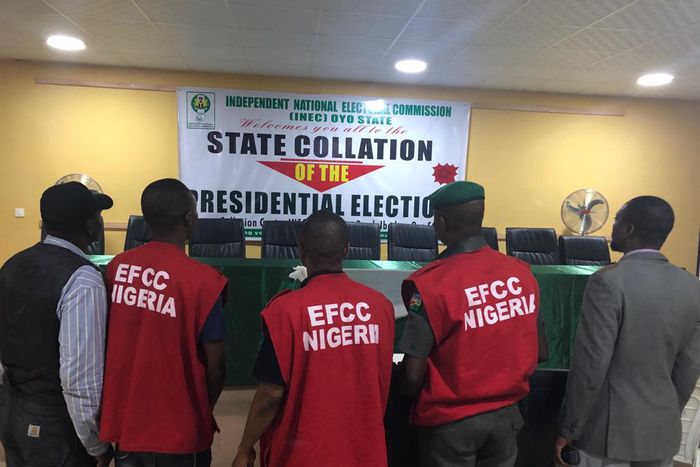 Operatives of the EFCC at the Oyo State Collation Centre, in Ibadan