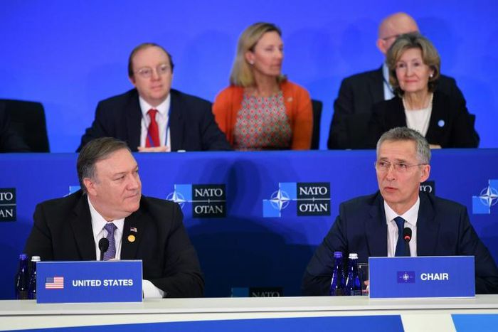 NATO Secretary General Jens Stoltenberg (right) and US Secretary of State Mike Pompeo open a NATO session in Washington on its 70th anniversary on April 4, 2019