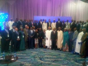 (Middle) The Minister of State, Aviation, Sen. Hadi Sirika, President of ICAO Council, Dr Bernard Aliu, Permanent Secretary, Federal Ministry of Transportation, Alhaji Sabiu Zakari and participants at a two-day ICAO Aviation Infrastructure For Africa G...