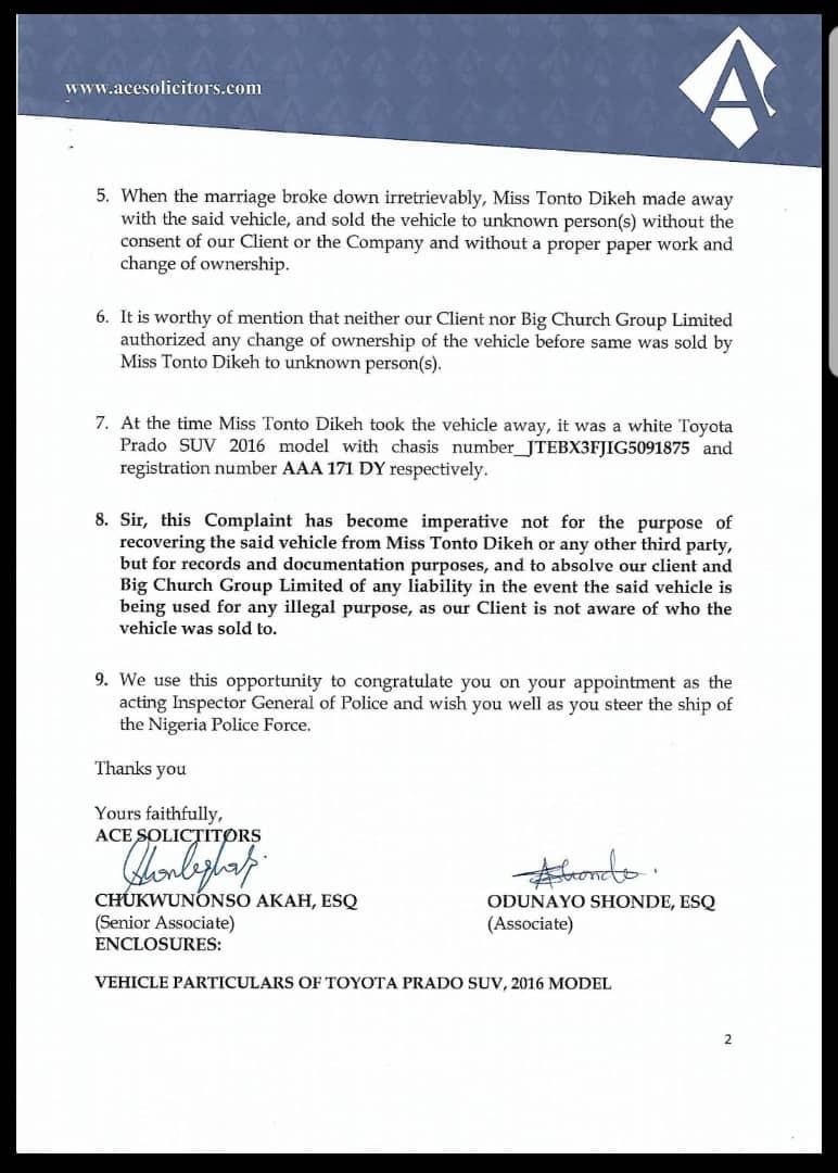 Churchill OIlakunle files petition to IG over Tonto Dikeh's alleged illegal sale of his SUV [LindaIkeji]