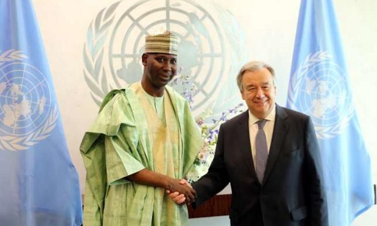 Nigeria’s Permanent Representative to the UN, Prof. Tijjani Bande, with UN Secretary General, Antonio Guterres [von.gov]
