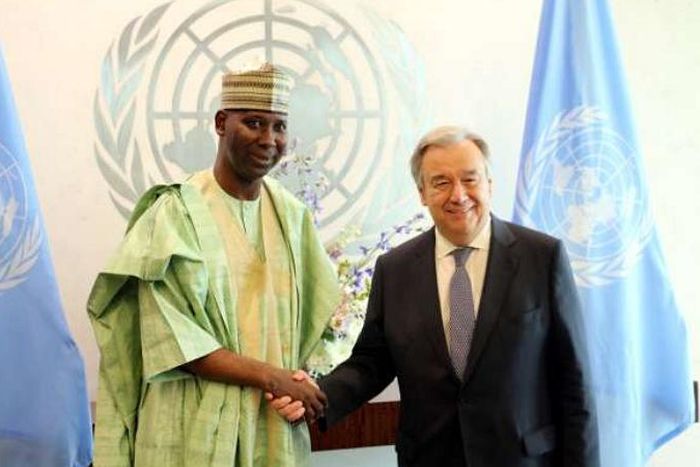 Nigeria’s Permanent Representative to the UN, Prof. Tijjani Bande, with UN Secretary General, Antonio Guterres [von.gov]