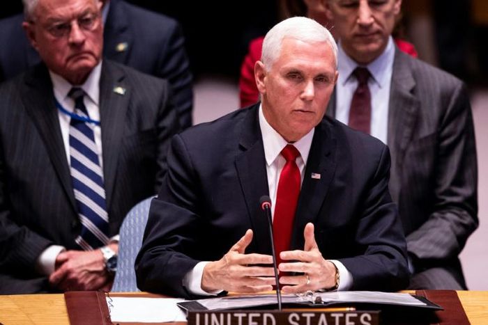 US Vice President Mike Pence speaks during a Security Council meeting about the situation in Venezuela at the United Nations in New York on April 10, 2019 in New York City