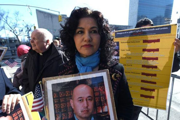 Supporters of China's Uighur minority rally outside the US mission to the United Nations in February 2019 as they demand action to curb Beijing's alleged mass incarceration