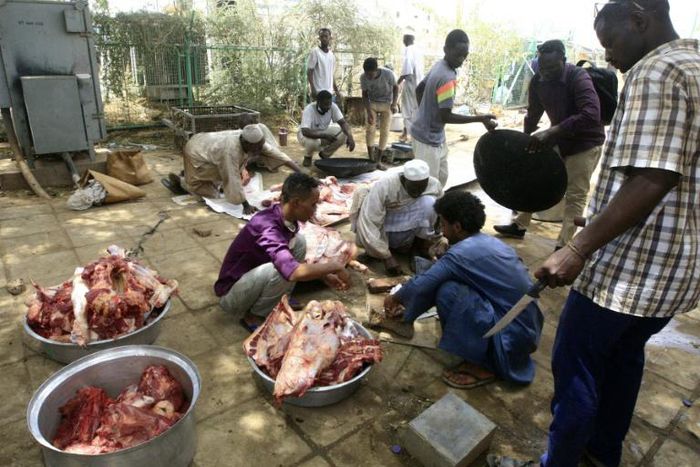 Sudanese protesters cut the meet of sheep and cows that they slaughtered as they celebrate the ousting of longtime leader Omar al-Bashir outside the army complex in the capital Khartoum