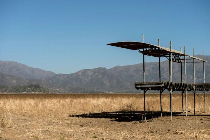 View of a pier at the dried Aculeo Lake about 70 km southwest of Santiago, Chile