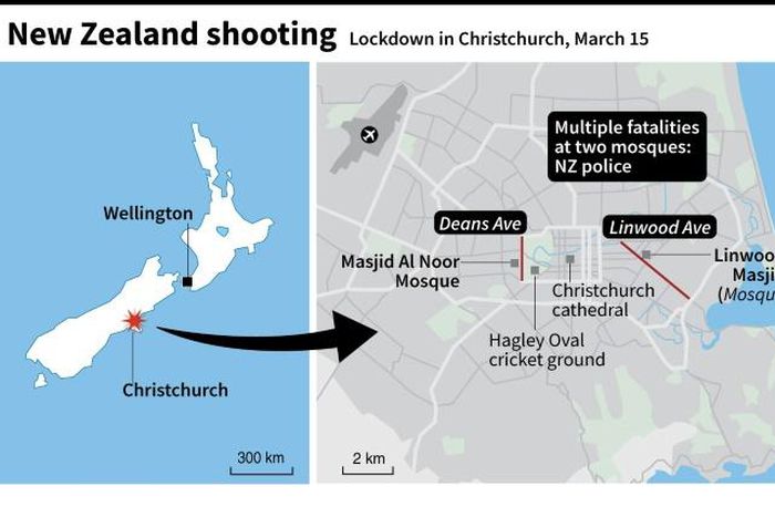 Map of Christchurch, New Zealand, showing Deans Ave and Linwood Ave where NZ police have reported 'multiple fatalities' at two mosques