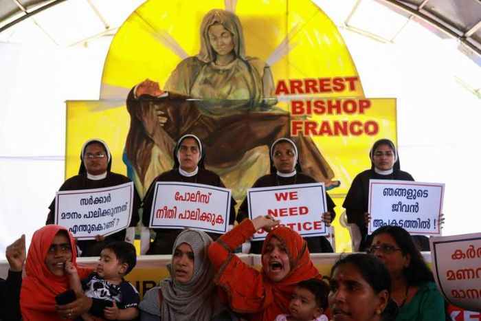 Indian Christian nuns and Muslim supporters protest in September 2018 as they demand the arrest of Bishop Franco Mulakkal, who is accused of raping a nun, outside the High Court in Kochi in the southern Indian state of Kerala
