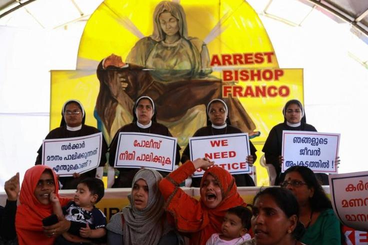 Indian Christian nuns and Muslim supporters protest in September 2018 as they demand the arrest of Bishop Franco Mulakkal, who is accused of raping a nun, outside the High Court in Kochi in the southern Indian state of Kerala