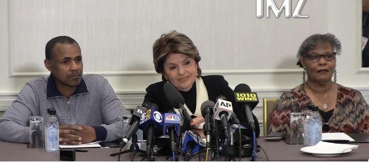 Dary Dennis flanked by his lawyer Gloria Allred at a press briefing [TMZ]