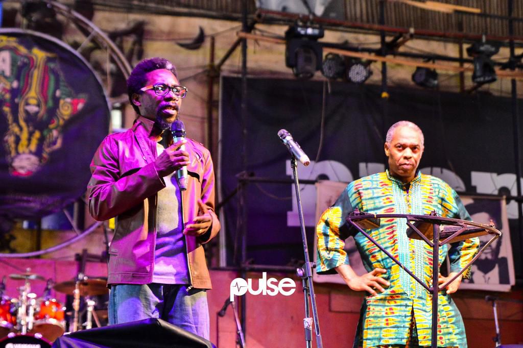 Segun 'Segalink' Awosanya with Femi Kuti during a protest against Police brutality in Lagos on Friday, April 5, 2019