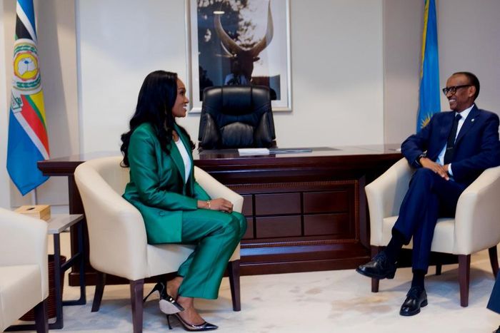 President of Rwanda, Paul Kagame, in a private meeting with the Executive Vice Chairman of Globacom, Mrs Bella Disu, at the 2019 Africa CEO Forum in Kigali, Rwanda, on Monday. Globacom is apex Diamond Partner of the forum.