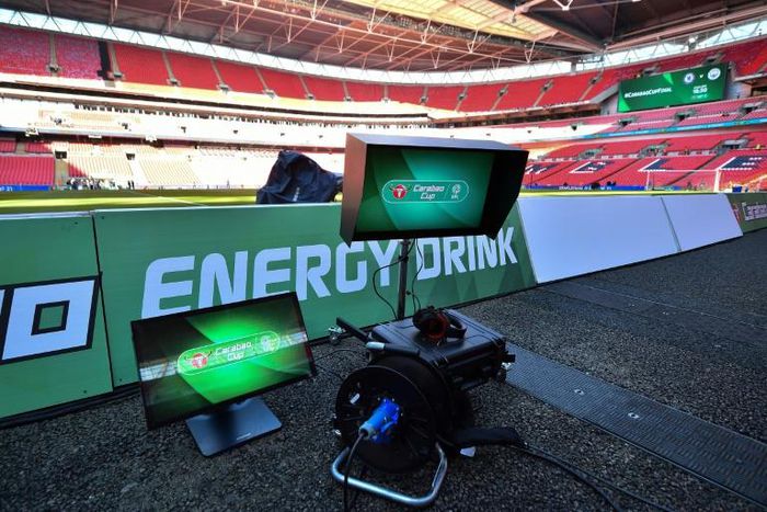 A monitor part of the VAR (Video Assistant Referee) system is seen pitchside before kick off of the English League Cup final football match between Manchester City and Chelsea at Wembley stadium February 24, 2019