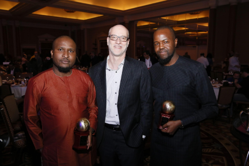 From left, Emerging Market Spotlight Award winners Moses Babatope, Managing Director FilmOne Distribution, John Fithian, President and CEO, NATO and Kene Okwuosa, CEO, Filmhouse Cinemas during the International Day Lunch held at Caesars Palace during C...