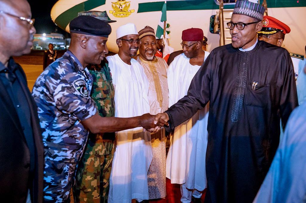 Buhari's plane landed at the presidential wing of the Nnamdi Azikiwe International Airport Abuja at about 10.45p.m. on Tuesday, April 09, 2019 [Twitter/@AbbaSalty]