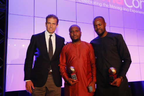 From left, Arturo Guillén, VP, EMEA and India, Comscore, Emerging Market Spotlight Award winners Moses Babatope, Managing Director FilmOne Distribution and Kene Okwuosa, CEO, Filmhouse Cinemas during the International Day Lunch held at Caesars Palace d...