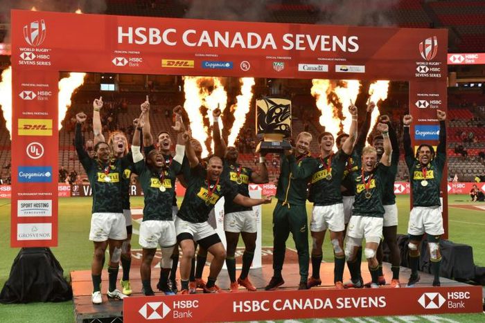 South Africa celebrate winning the sevens crown in Vancouver