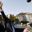 Retired Israeli general Benny Gantz, one of the leaders of the Blue and White (Kahol Lavan) political alliance, waves after casting his vote during Israel's elections