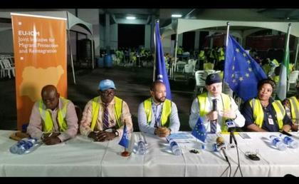 From left: Alh. Idris Muhammed Coordinator, NEMA Lagos Territorial Office ; Mr Atokolo D.E, Lagos Zonal Commander, NAPTIP ; Mr Tamrat Abraham, Operations Officer, IOM, Lagos; His Excellency, Ketil Karlsen, EU Ambassador in Nigeria and West Africa and M...
