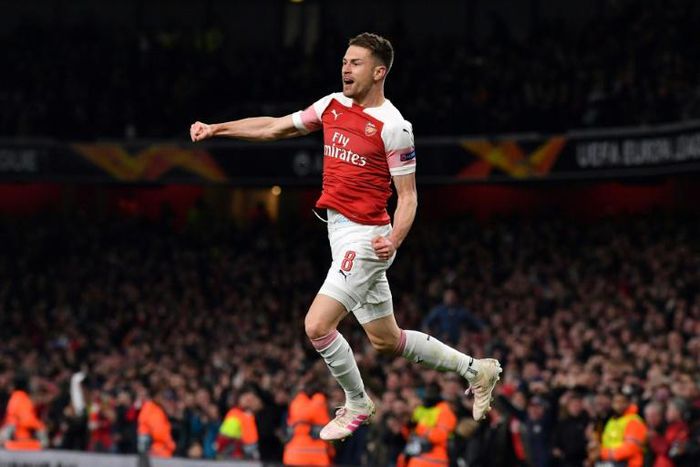 Aaron Ramsey celebrates putting Arsenal on course for a Europa League win over Napoli