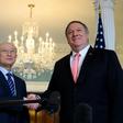 International Atomic Energy Agency chief Yukiya Amano, seen here with US Secretary of State Mike Pompeo on April 3, 2019, has encouraged Saudi Arabia to sign a comprehensive safeguards agreement on nuclear material