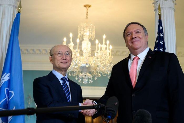 International Atomic Energy Agency chief Yukiya Amano, seen here with US Secretary of State Mike Pompeo on April 3, 2019, has encouraged Saudi Arabia to sign a comprehensive safeguards agreement on nuclear material