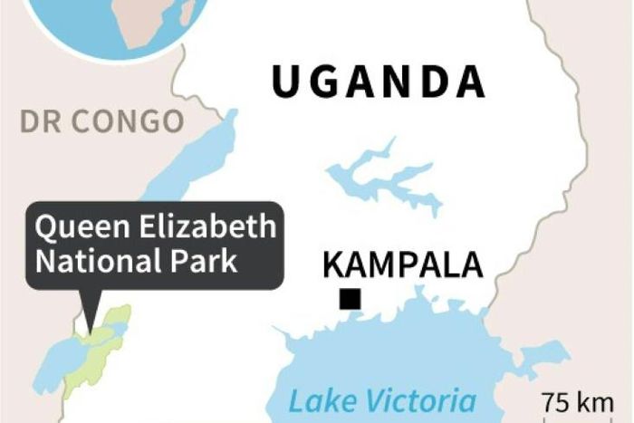Map of Uganda locating the Queen Elizabeth National Park where an American tourist, driver were freed after ranson paid