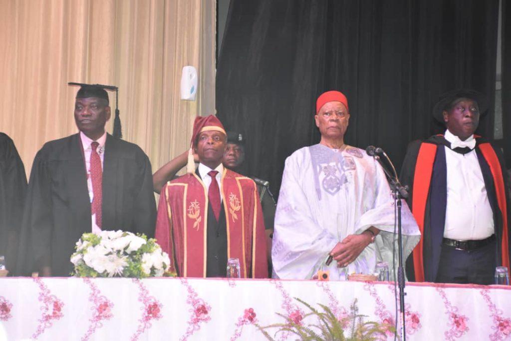 From left, Vice-Chancellor, University of Lagos (UNILAG), Prof Oluwatoyin Ogundipe, Guest Lecturer, Vice President, Yemi Osinbajo, Chairman of the Occasion, Chief Author Mbanefo and Pro-Chancellor, UNILAG, Dr Wale Babalakin, during the UNILAG 50th 2018...