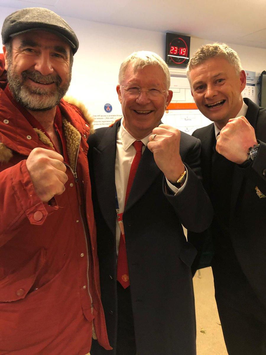 Eric Cantona and Sir Alex Ferguson joined Ole Gunnar Solskjaer Manchester United [Twitter/Manchester United]