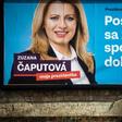 A billboard in Bratislava of frontrunning presidential candidate Zuzana Caputova reads: "Stand up against evil, together we can do it"