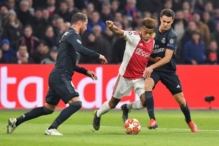 Sergio Ramos (L) in action during Real Madrid's Champions League last 16, first leg away at Ajax