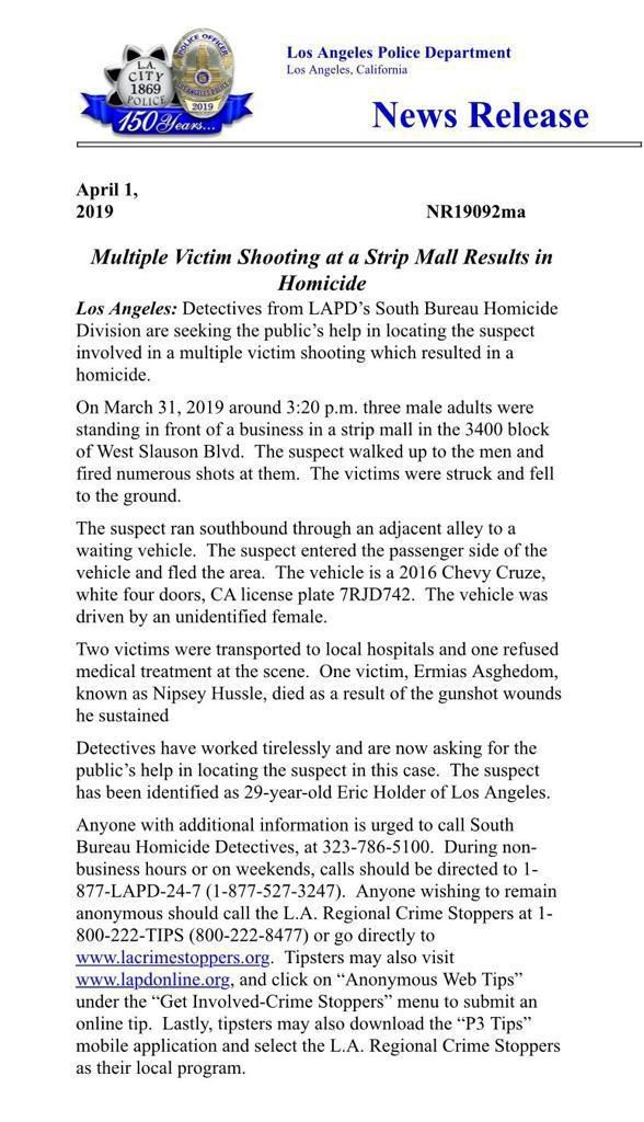 Police seeks public help to locate suspected killer of Nipsey Hussle