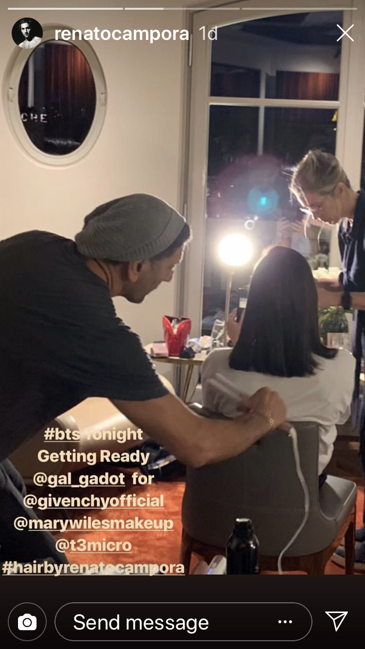 Stylist Renato Campora gets Gal Gadot ready for the red carpet.