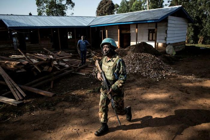 A UN peacekeeper patrols outside an Ebola treatment centre in Butembo in northeastern Democratic Republic of Congo