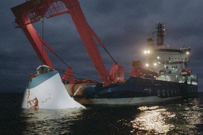 The bow door of the ferry M/S Estonia was lifted from the bottom of the sea after it sank in the Baltic Sea in 1994