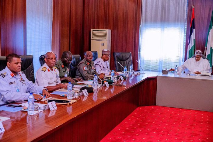 Security Chiefs keep mum after meeting Buhari [Twitter/@BashirAhmaad]